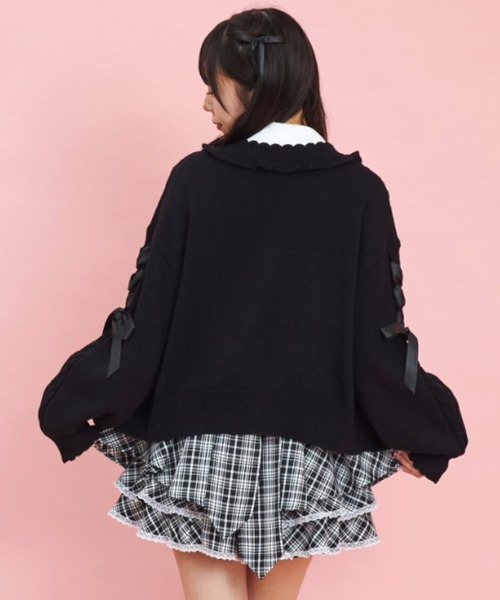 Secret Honey（シークレットハニー）の「袖レースアップニットカーディガン（ニット/セーター・レディース・ピンク/ブラック/オフホワイト・FREE）」の11枚目の写真