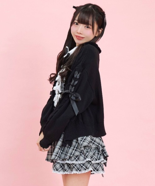 シークレットハニー Secret Honey レースアップニットカーディガン （クロ） シークレットハニー Secret Honey 袖レースアップニット