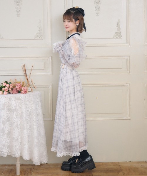GOLDS♡ビジューチェーン♡リボンブローチ付♡ラッフル段々フリル♡ロンパース桃 ラッフルロングワンピース(ワンピース)|couture BY ROJITA