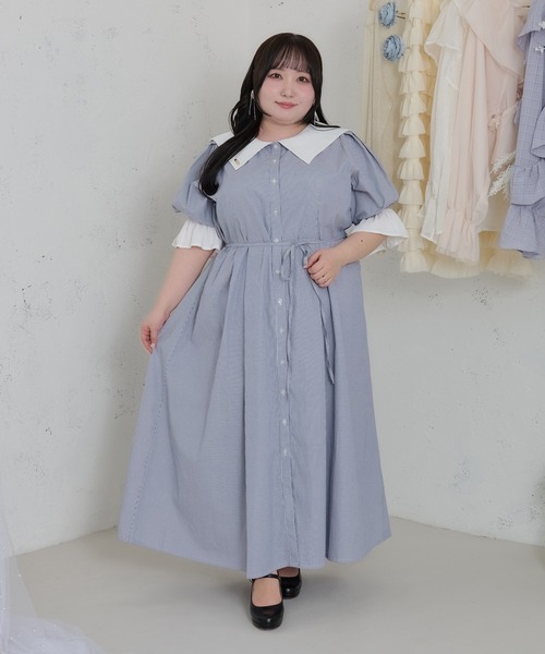 大きいサイズ】プレート付きセーラーカラー半袖ワンピース