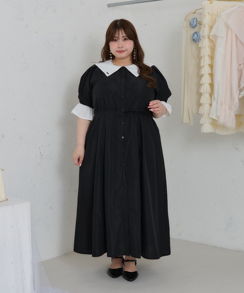 大きいサイズ】プレート付きセーラーカラー半袖ワンピース