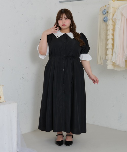カジュアル ドールカラー 半袖 ゆったり 大きめ襟 ワンピース 大きいサイズ】プレート付きセーラーカラー半袖ワンピース