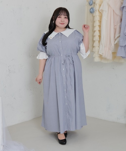 PUTUMAYO 半袖 ワンピース 大きいサイズ】プレート付きセーラーカラー半袖ワンピース