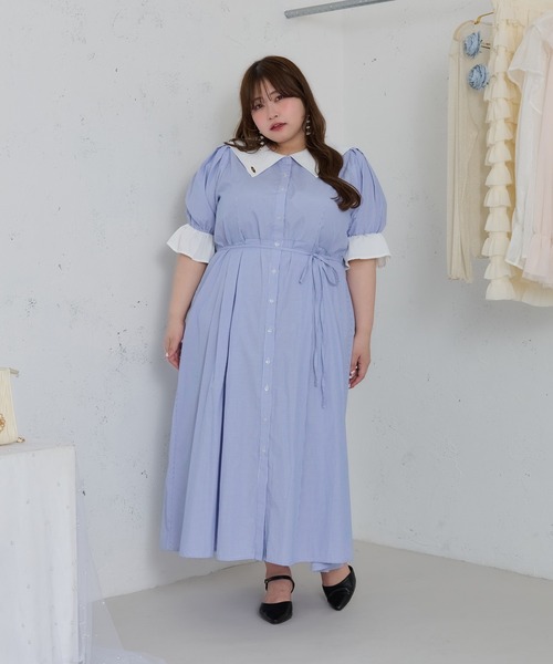 大きいサイズ】プレート付きセーラーカラー半袖ワンピース