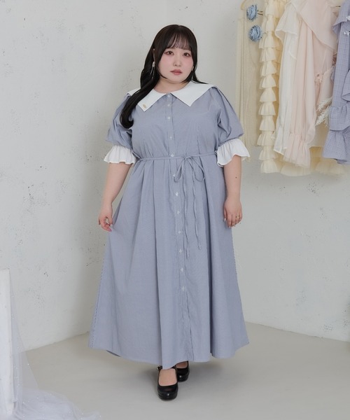 いいね❤️familiar 水色 半袖 ワンピース 130cm 大きいサイズ】プレート付きセーラーカラー半袖ワンピース