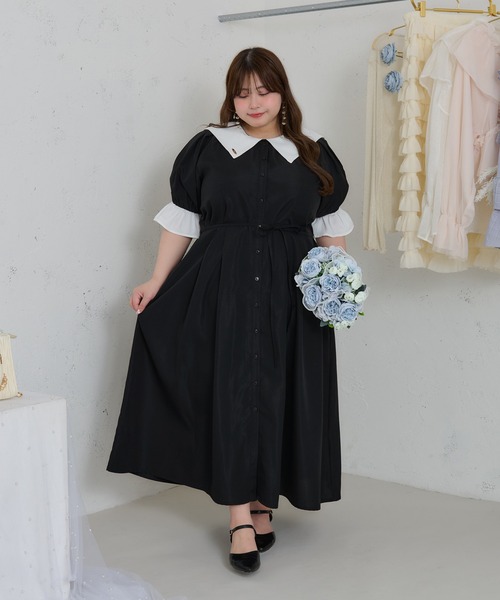 大きいサイズ】プレート付きセーラーカラー半袖ワンピース