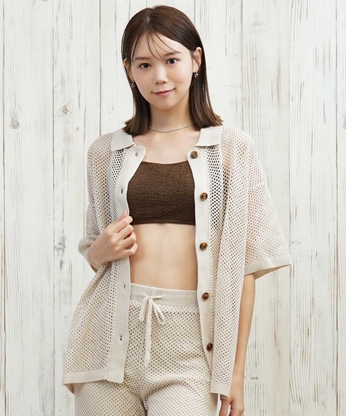 ムラサキスポーツ(ムラサキスポーツ)の「RIKKA FEMME/リッカファム サマーニットシャツ メッシュニットシャツ RF25HS09(シャツ/ブラウス・レディース・アイボリー/ネイビー・FREE)」の1枚目の写真