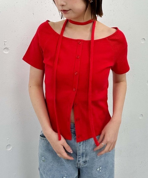 archives(アルシーヴ)の「FボタンオフショルリブTOPS(Tシャツ/カットソー・レディース・オートミール/レッド/ブラック・MEDIUM)」の17枚目の写真