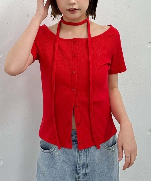 archives(アルシーヴ)の「FボタンオフショルリブTOPS(Tシャツ/カットソー・レディース・オートミール/レッド/ブラック・MEDIUM)」の16枚目の写真