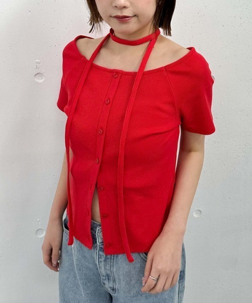 archives(アルシーヴ)の「FボタンオフショルリブTOPS(Tシャツ/カットソー・レディース・オートミール/レッド/ブラック・MEDIUM)」の15枚目の写真