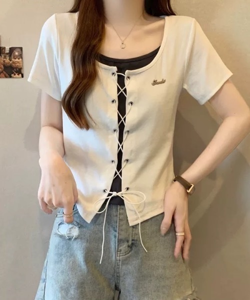 tシャツ レースアップレイヤードカットソー レディース セール】レースアップレイヤードプルオーバー（Tシャツ