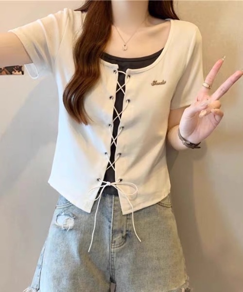 【安心発送】 セール】レースアップレイヤード風半袖トップス（Tシャツ トップス