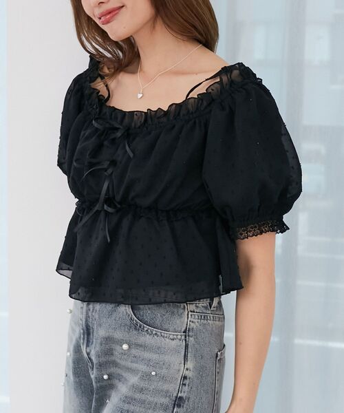 MAJESTIC LEGON（マジェスティックレゴン）の「フロントリボンオフショルブラウス（シャツ/ブラウス・レディース・ブルー系その他5/オフホワイト/ピンク系その他2/ベージュ系その他2/ブラック・MEDIUM）」の10枚目の写真