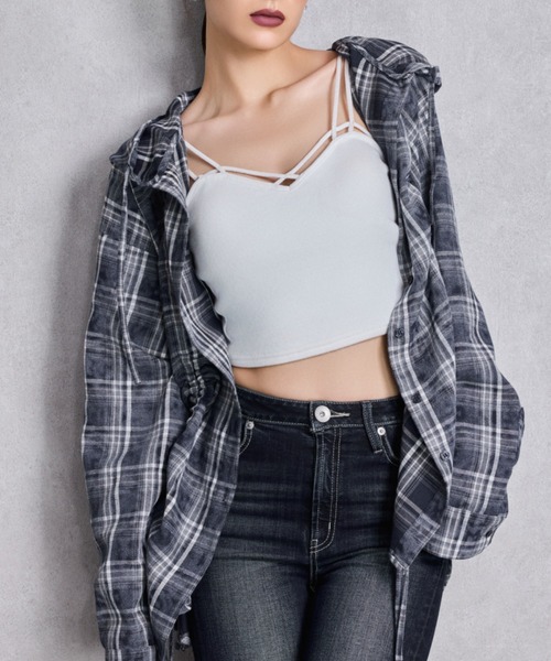 GYDA(ジェイダ)の「GG drawstringフードチェックシャツ(シャツ/ブラウス・レディース・ブラック/ネイビー/ベージュ・FREE)」の3枚目の写真