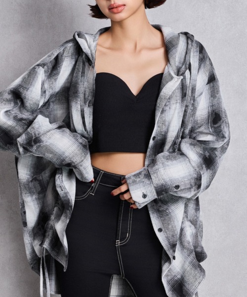 GYDA(ジェイダ)の「GG drawstringフードチェックシャツ(シャツ/ブラウス・レディース・ブラック/ネイビー/ベージュ・FREE)」の2枚目の写真