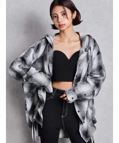 GYDA(ジェイダ)の「GG drawstringフードチェックシャツ(シャツ/ブラウス・レディース・ブラック/ネイビー/ベージュ・FREE)」の12枚目の写真