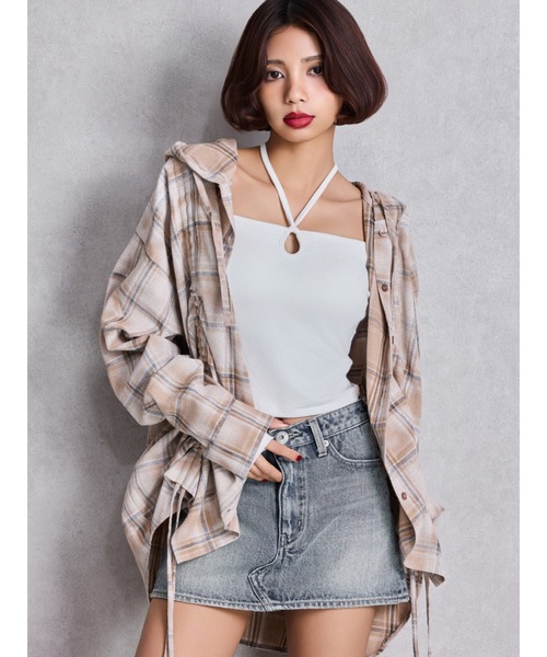 GYDA(ジェイダ)の「GG drawstringフードチェックシャツ(シャツ/ブラウス・レディース・ブラック/ネイビー/ベージュ・FREE)」の4枚目の写真