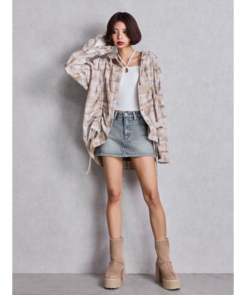 GYDA(ジェイダ)の「GG drawstringフードチェックシャツ(シャツ/ブラウス・レディース・ブラック/ネイビー/ベージュ・FREE)」の6枚目の写真