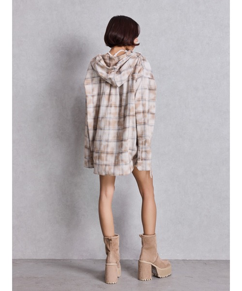 GYDA(ジェイダ)の「GG drawstringフードチェックシャツ(シャツ/ブラウス・レディース・ブラック/ネイビー/ベージュ・FREE)」の7枚目の写真