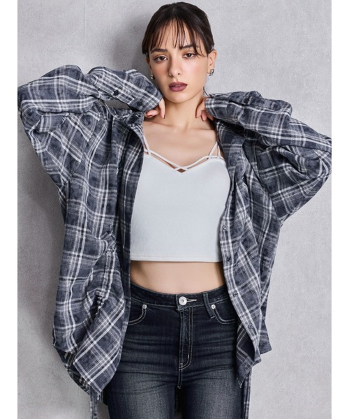 GYDA(ジェイダ)の「GG drawstringフードチェックシャツ(シャツ/ブラウス・レディース・ブラック/ネイビー/ベージュ・FREE)」の8枚目の写真