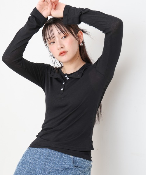 Bab(バブ)の「ボタンタンクセット ヘンリーネックトップス(Tシャツ/カットソー・レディース・ブラック/ブラウン/ネイビー/杢グレー・M)」の2枚目の写真