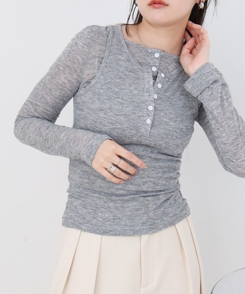 Bab(バブ)の「ボタンタンクセット ヘンリーネックトップス(Tシャツ/カットソー・レディース・ブラック/ブラウン/ネイビー/杢グレー・M)」の5枚目の写真