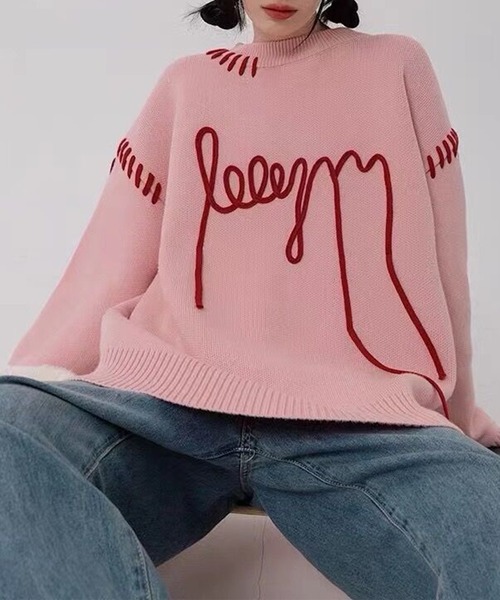Lace Ladies(レースレディース)の「コード 刺繍 オーバーサイズ ニット プルオーバー(ニット/セーター・レディース・ブラック/アイボリー/ピンク・FREE)」の3枚目の写真