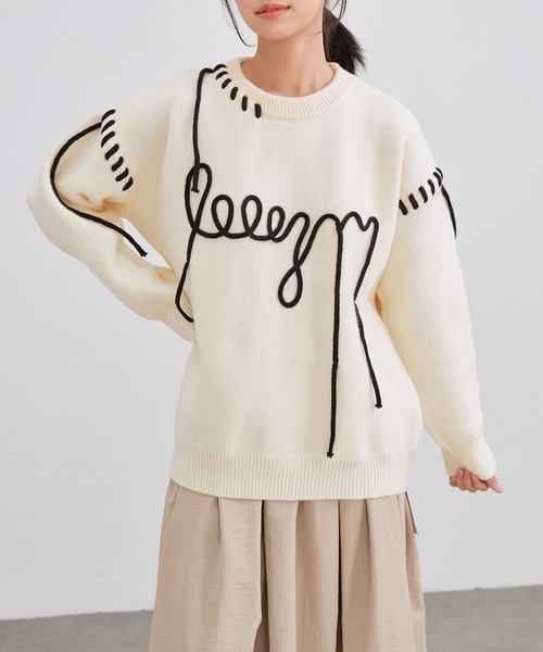 Lace Ladies(レースレディース)の「コード 刺繍 オーバーサイズ ニット プルオーバー(ニット/セーター・レディース・ブラック/アイボリー/ピンク・FREE)」の4枚目の写真