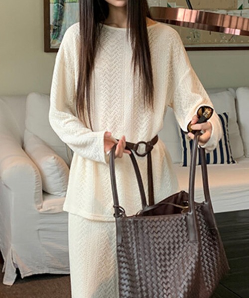 Lace Ladies(レースレディース)の「透かし編み クルーネック ベルト付き ニット セットアップ(セットアップ・レディース・アイボリー/ブラック/ベージュ・FREE)」の6枚目の写真