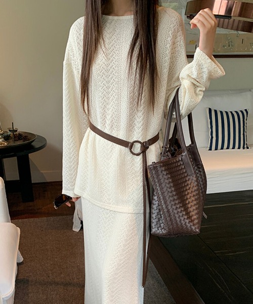 Lace Ladies(レースレディース)の「透かし編み クルーネック ベルト付き ニット セットアップ(セットアップ・レディース・アイボリー/ブラック/ベージュ・FREE)」の7枚目の写真
