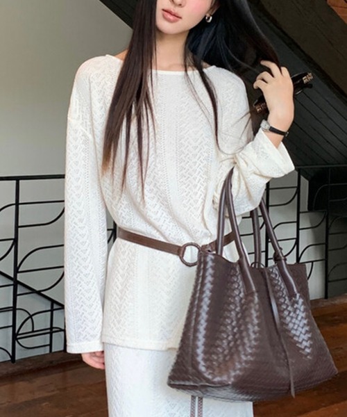 Lace Ladies(レースレディース)の「透かし編み クルーネック ベルト付き ニット セットアップ(セットアップ・レディース・アイボリー/ブラック/ベージュ・FREE)」の10枚目の写真
