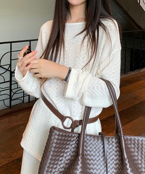 Lace Ladies(レースレディース)の「透かし編み クルーネック ベルト付き ニット セットアップ(セットアップ・レディース・アイボリー/ブラック/ベージュ・FREE)」の11枚目の写真
