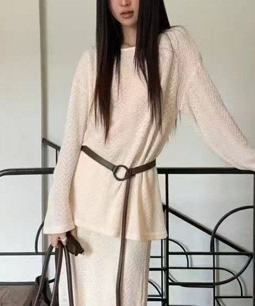 Lace Ladies(レースレディース)の「透かし編み クルーネック ベルト付き ニット セットアップ(セットアップ・レディース・アイボリー/ブラック/ベージュ・FREE)」の9枚目の写真