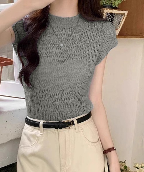 Miniministore（ミニミニストア）の「フレンチスリーブサマーニットトップス夏服（Tシャツ/カットソー・レディース・チェリーピンク/ブラック/グレー/ベージュ/ミント/ピンク/ホワイト/ラベンダー・FREE）」の4枚目の写真
