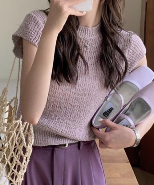 Miniministore（ミニミニストア）の「フレンチスリーブサマーニットトップス夏服（Tシャツ/カットソー・レディース・チェリーピンク/ブラック/グレー/ベージュ/ミント/ピンク/ホワイト/ラベンダー・FREE）」の7枚目の写真