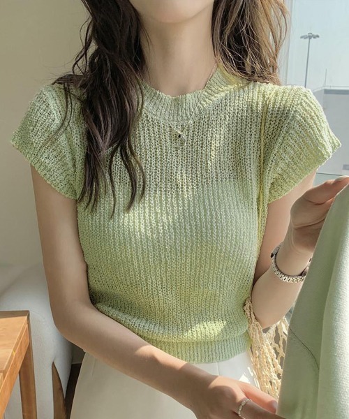 Miniministore（ミニミニストア）の「フレンチスリーブサマーニットトップス夏服（Tシャツ/カットソー・レディース・チェリーピンク/ブラック/グレー/ベージュ/ミント/ピンク/ホワイト/ラベンダー・FREE）」の6枚目の写真