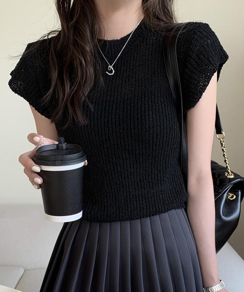 Miniministore（ミニミニストア）の「フレンチスリーブサマーニットトップス夏服（Tシャツ/カットソー・レディース・チェリーピンク/ブラック/グレー/ベージュ/ミント/ピンク/ホワイト/ラベンダー・FREE）」の3枚目の写真