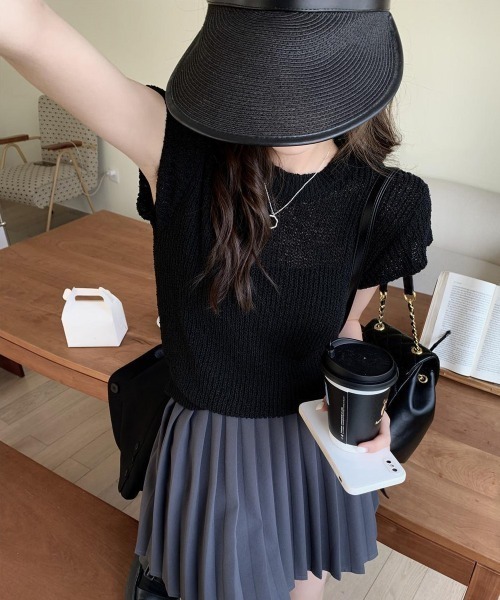 Miniministore（ミニミニストア）の「フレンチスリーブサマーニットトップス夏服（Tシャツ/カットソー・レディース・チェリーピンク/ブラック/グレー/ベージュ/ミント/ピンク/ホワイト/ラベンダー・FREE）」の10枚目の写真