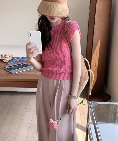 Miniministore（ミニミニストア）の「フレンチスリーブサマーニットトップス夏服（Tシャツ/カットソー・レディース・チェリーピンク/ブラック/グレー/ベージュ/ミント/ピンク/ホワイト/ラベンダー・FREE）」の15枚目の写真