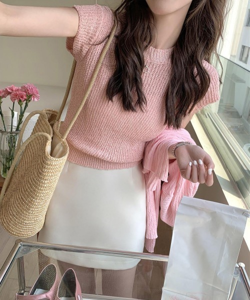 Miniministore（ミニミニストア）の「フレンチスリーブサマーニットトップス夏服（Tシャツ/カットソー・レディース・チェリーピンク/ブラック/グレー/ベージュ/ミント/ピンク/ホワイト/ラベンダー・FREE）」の16枚目の写真