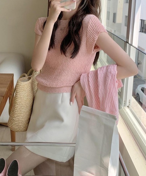 Miniministore（ミニミニストア）の「フレンチスリーブサマーニットトップス夏服（Tシャツ/カットソー・レディース・チェリーピンク/ブラック/グレー/ベージュ/ミント/ピンク/ホワイト/ラベンダー・FREE）」の17枚目の写真