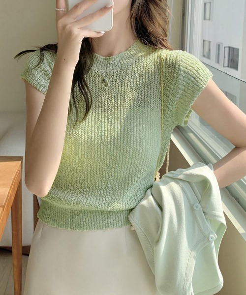 Miniministore（ミニミニストア）の「フレンチスリーブサマーニットトップス夏服（Tシャツ/カットソー・レディース・チェリーピンク/ブラック/グレー/ベージュ/ミント/ピンク/ホワイト/ラベンダー・FREE）」の21枚目の写真