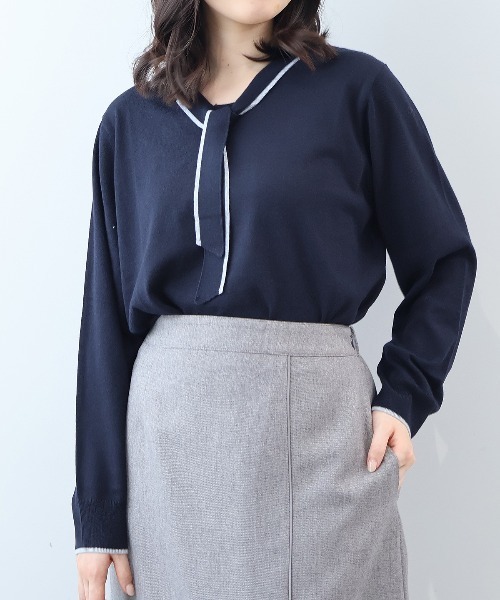 fleur by mint breeze(フルールバイミントブリーズ)の「【L~5L 大きいサイズ】配色ボウタイニットプルオーバー(ニット/セーター・レディース・グレー/クリーム/ネイビー・LL/3L/4L/5L)」の1枚目の写真