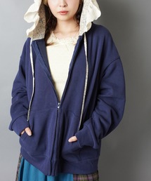 SPINNS | 【販売NG】裏毛ジップパーカー/レース付きフード/小花柄/NEO森ガール(パーカー)