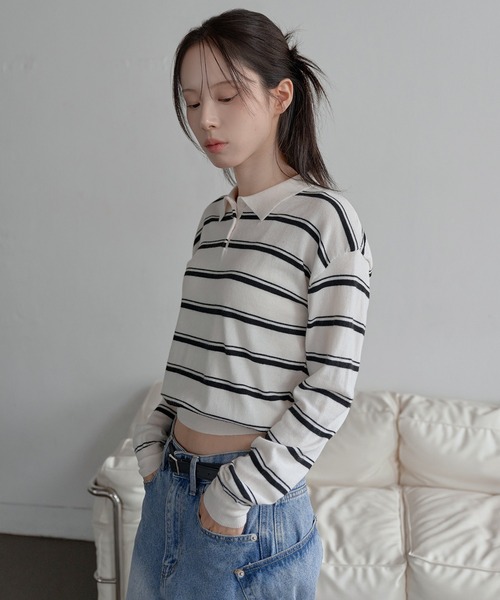 UNE MANSION（ユヌマンション）の「バイカラーボーダーストライプクロップドニット（Tシャツ/カットソー・レディース・アイボリー/ネイビー/チャコールグレー/グレー・FREE）」の3枚目の写真