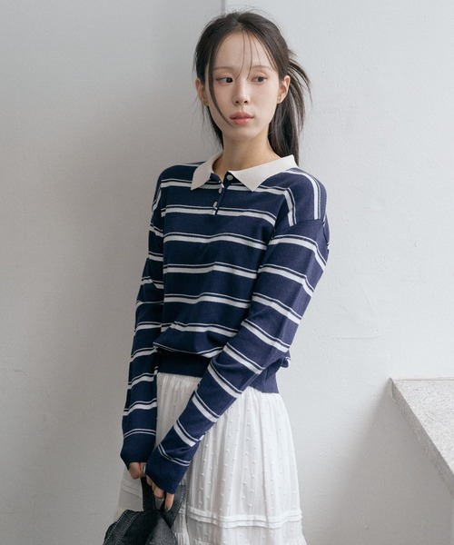 UNE MANSION（ユヌマンション）の「バイカラーボーダーストライプクロップドニット（Tシャツ/カットソー・レディース・アイボリー/ネイビー/チャコールグレー/グレー・FREE）」の4枚目の写真