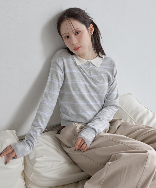 UNE MANSION（ユヌマンション）の「バイカラーボーダーストライプクロップドニット（Tシャツ/カットソー・レディース・アイボリー/ネイビー/チャコールグレー/グレー・FREE）」の2枚目の写真