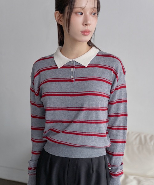 UNE MANSION（ユヌマンション）の「バイカラーボーダーストライプクロップドニット（Tシャツ/カットソー・レディース・アイボリー/ネイビー/チャコールグレー/グレー・FREE）」の8枚目の写真