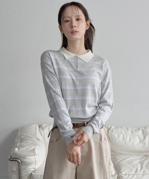 UNE MANSION（ユヌマンション）の「バイカラーボーダーストライプクロップドニット（Tシャツ/カットソー・レディース・アイボリー/ネイビー/チャコールグレー/グレー・FREE）」の15枚目の写真