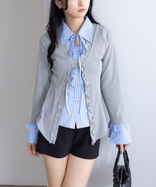 clear（クリア）の「ストライプシャツドッキングカットソー［大人 カジュアル 着回し力抜群］≪AW新作≫（Tシャツ/カットソー・レディース・グレー/ブラック・F）」の2枚目の写真